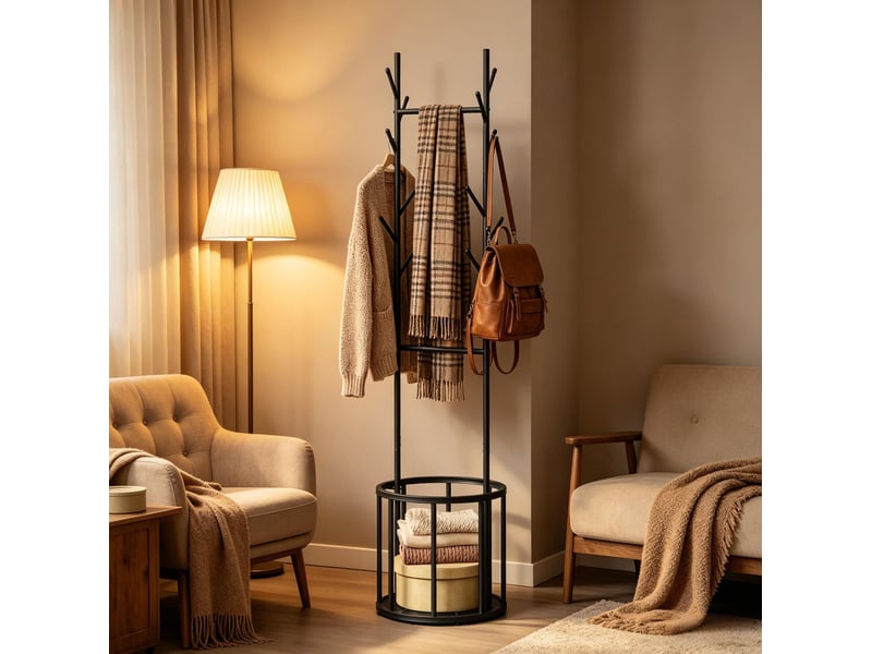  Porte-manteau sur pied arbre en métal noir avec panier de rangement  - Conforama B