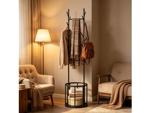 Porte-manteau sur pied arbre en métal noir avec panier de rangement