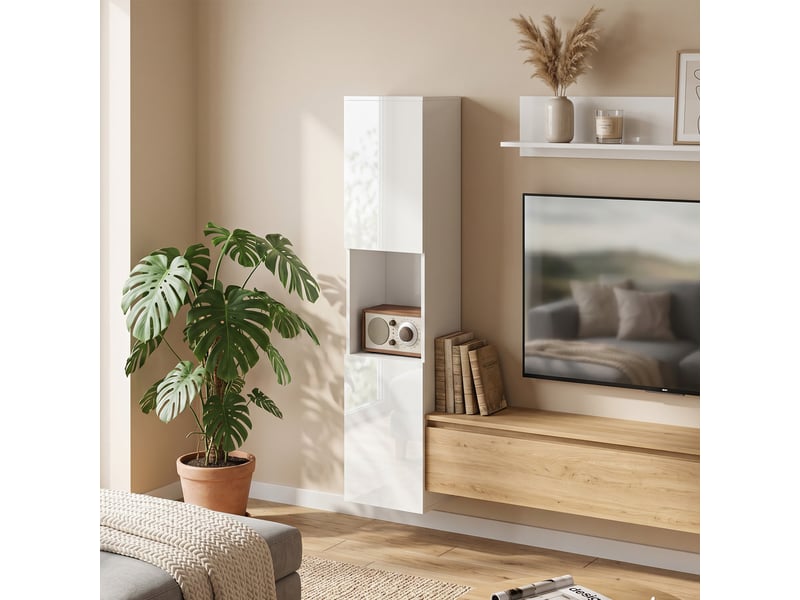  Meuble tv étroit avec 5 étagères réglables, blanc  - Conforama C