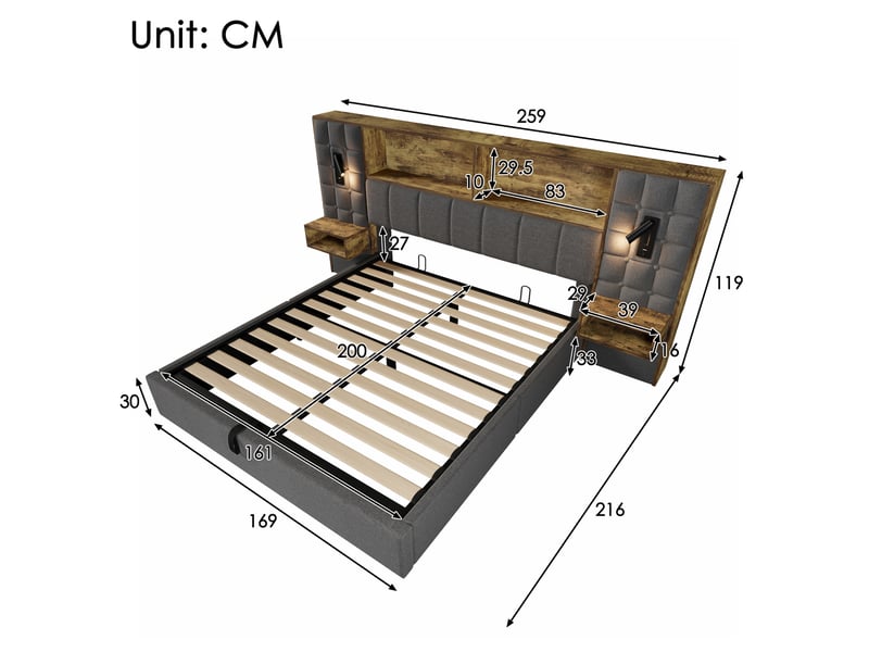 Lit coffre 160 x 200 cm gris en lin avec led, liseuses, chevets et ports usbusb-c - Conforama E