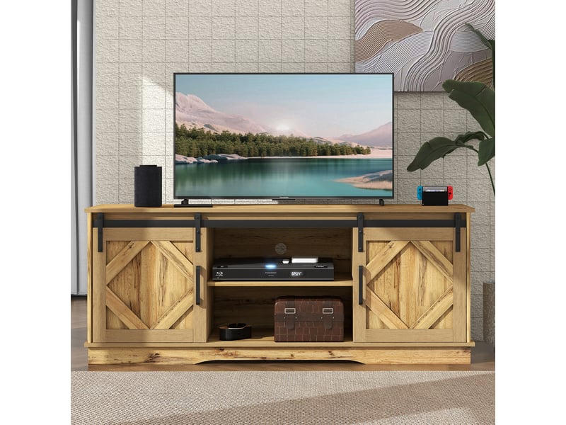  Meuble tv 150 cm marron rustique avec portes coulissantes, rangements ouverts et fermés, pour téléviseur jusqu'à 65 pouces  - Conforama B