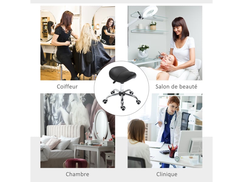  Tabouret à roulettes, tabouret de massage avec hauteur réglable 49-61 cm et selle ergonomique, chaise de travail à roulettes pivotant 360°, noir, pour salon de massage tatouage clinique spa  - Conforama E