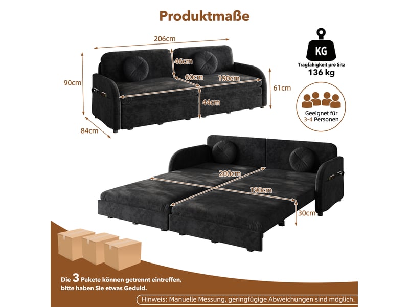  Canapé convertible 3 places 206 x 84 x 90 cm en chenille avec poches latérales noir chicfurn  - Conforama D
