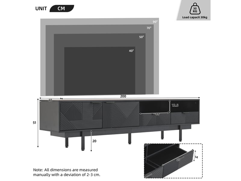  Meuble tv modenvie noir 200 x 40 x 51 cm avec rangement et passe-câbles  - Conforama C