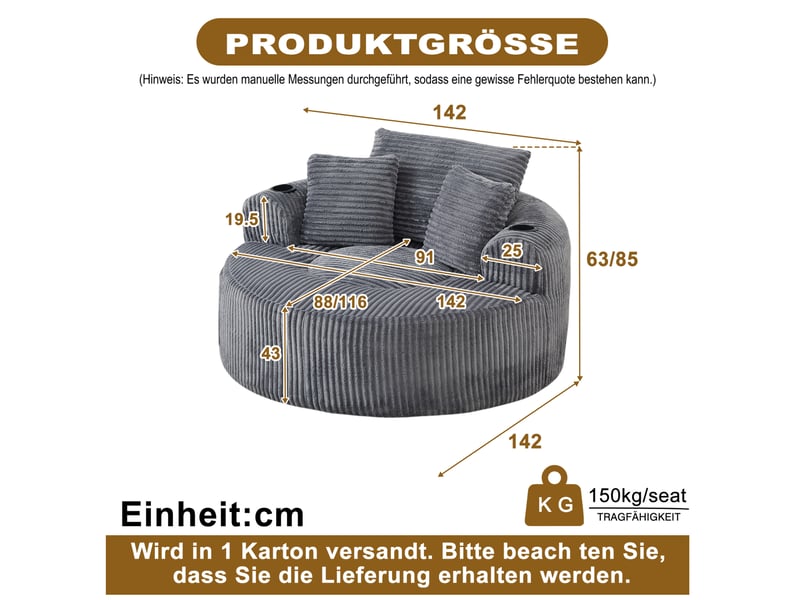  Fauteuil pouf rond 1 place avec porte-gobelets, poches latérales et 3 coussins amovibles en velours côtelé gris  - Conforama C