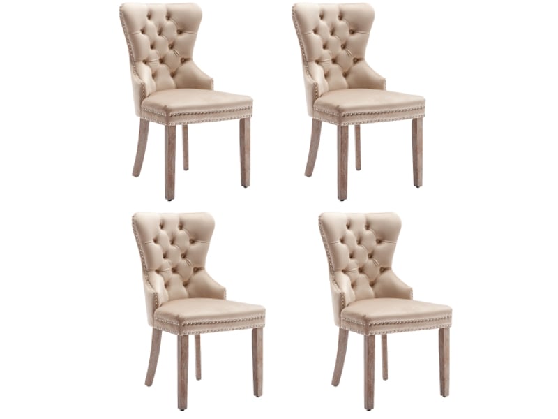 Lot de 4 chaises de salle à manger en velours beige avec détails cloutés, tirettes argentées, pieds en bois, sans accoudoirs  - Conforama A