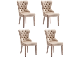 Lot de 4 chaises de salle à manger en velours beige avec détails cloutés, tirettes argentées, pieds en bois, sans accoudoirs