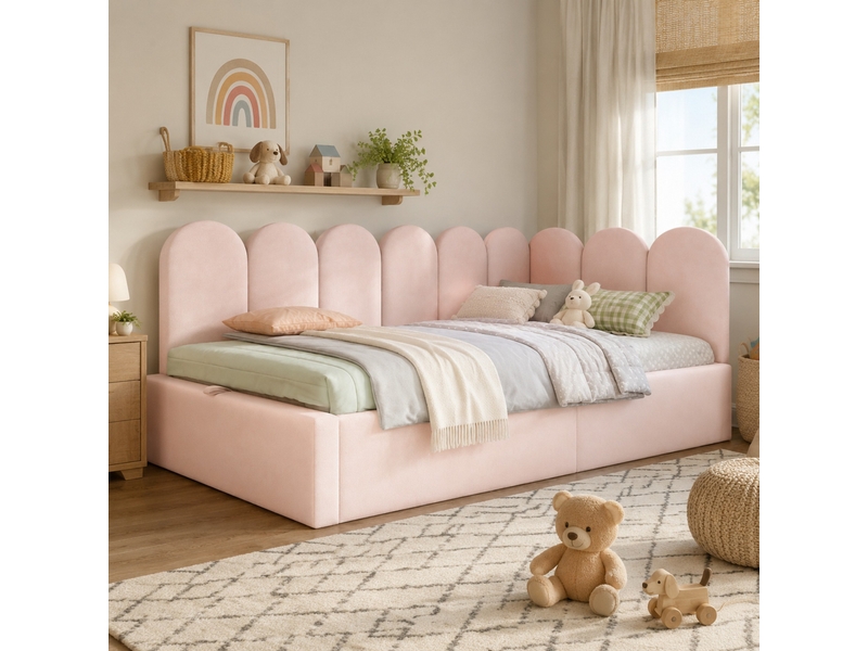  Lit banquette enfant coffre hydraulique 90x190 cm en velours rose  - Conforama C