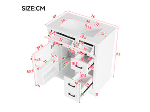 Meuble vasque blanc laqué mdf et céramique 76×47×82 cm, 2 abattants, 2 coulissants latéraux et porte avec étagères