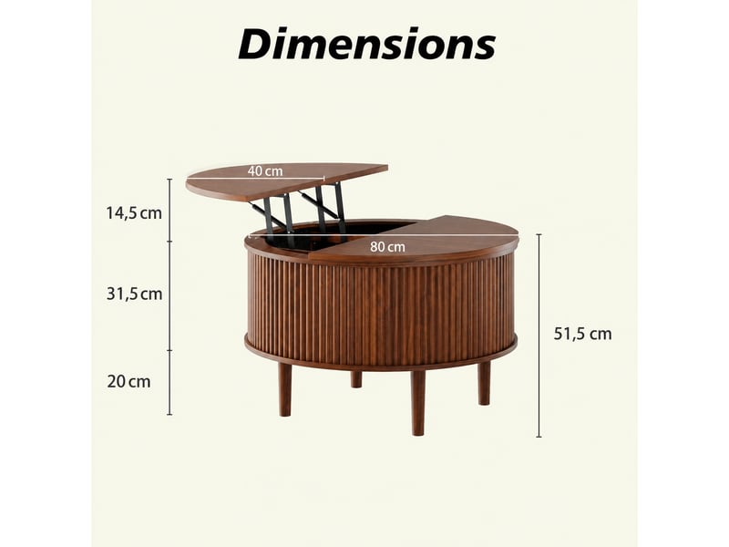 Table basse ronde relevable avec rangement, aspect bois, 80 x 80 x 50 cm, marron - Conforama C