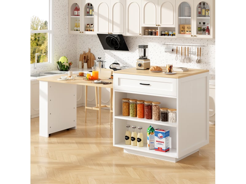  Îlot de cuisine extensible 133-202 x 70 cm avec rangements et roulettes, blanc  - Conforama D