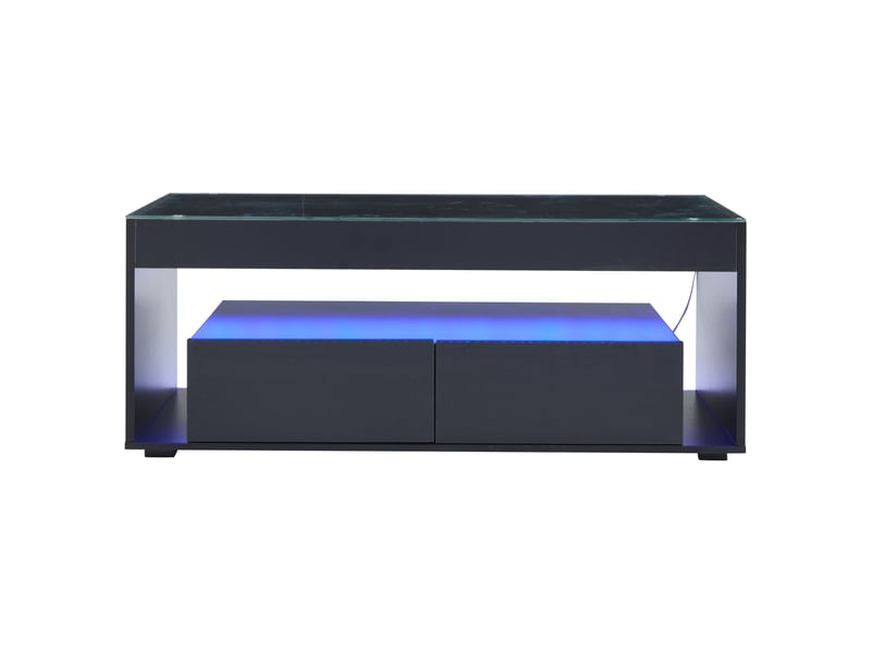  Table basse noire avec led 100x50x40 cm, table de salon avec 2 tiroirs et plateau en verre trempé  - Conforama A