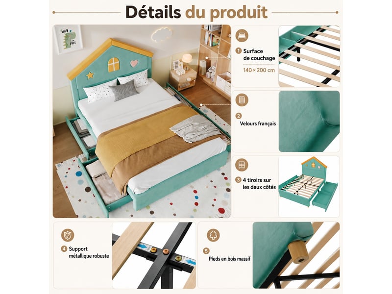  Lit enfant rembourré 140 x 200 cm, 4 tiroirs de rangement, lit d'appoint pour chambre, velours, bleu-vert  - Conforama D
