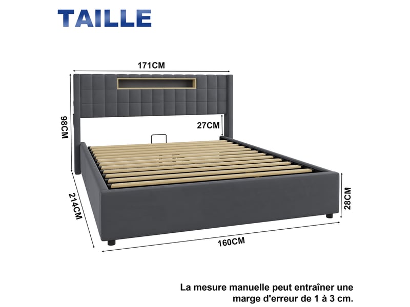Lit coffre led capitonné avec tiroirs de rangement et ports usb en velours gris foncé 160 × 200 cm - Conforama E