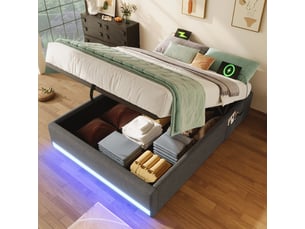 Lit coffre 90 x 200 cm, lit adulte avec rangement, rangement hydraulique, éclairage led, connectique usb, sommier à lattes inclus, lin, gris