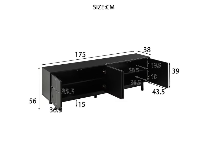  Meuble tv modenvie noir 175 x 38 x 56 cm à 4 portes avec étagères réglables  - Conforama C