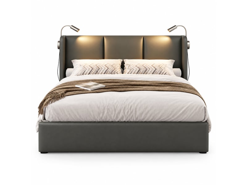  Lit double rembourré 140x200 cm avec coffre de rangement, tête de lit avec liseuse et usb, sommier à lattes, revêtement pu, sans matelas IKSETERA TRADING LTD - Conforama A