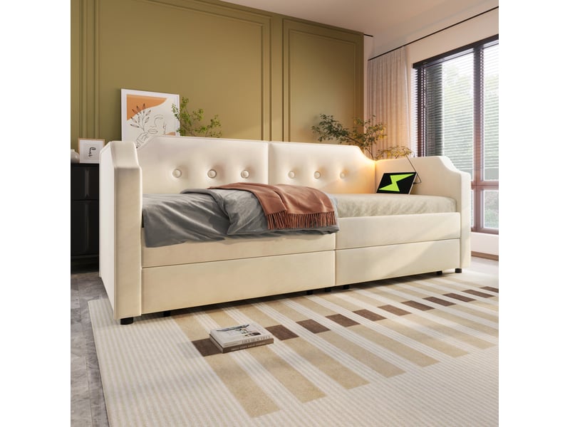  Lit banquette 90x200 cm en velours beige avec 2 tiroirs, usb-c et lampe  - Conforama D
