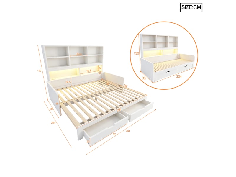  Lit banquette simple 90×200 cm extensible en 180×200 cm, led et prises - okmyhome- 2 tiroirs, sans matelas, blanc  - Conforama D