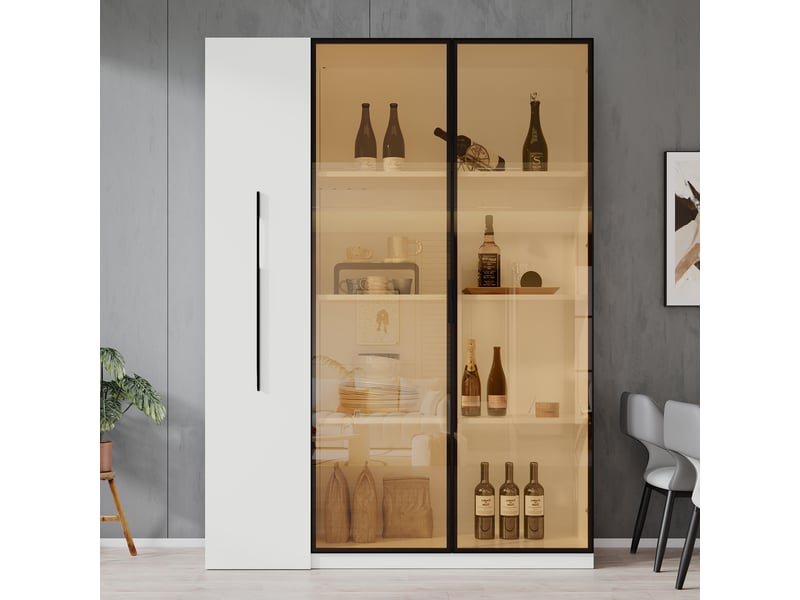  Vitrine armoire led 110x35x160cm meuble de rangement buffet haut bibliothèque avec portes vitrée étagère coulissante, blanc  - Conforama E