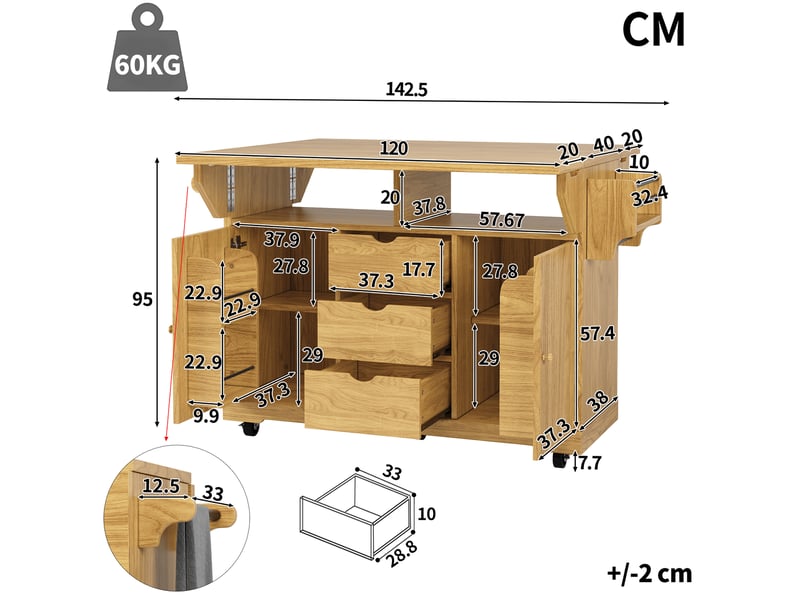  Desserte de cuisine 142.5x80x95 cm extensions rabattables mdf métal marron naturel  - Conforama E