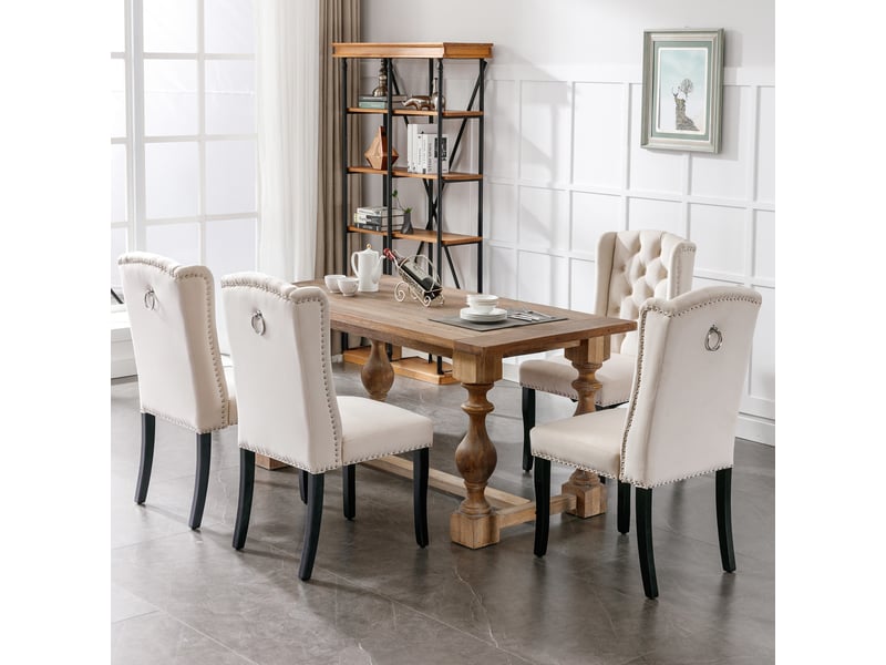  Chaises de salle à manger lot de 4 avec dossier capitonné  - pieds en chêne et clous argentés, velours - beige  - Conforama B