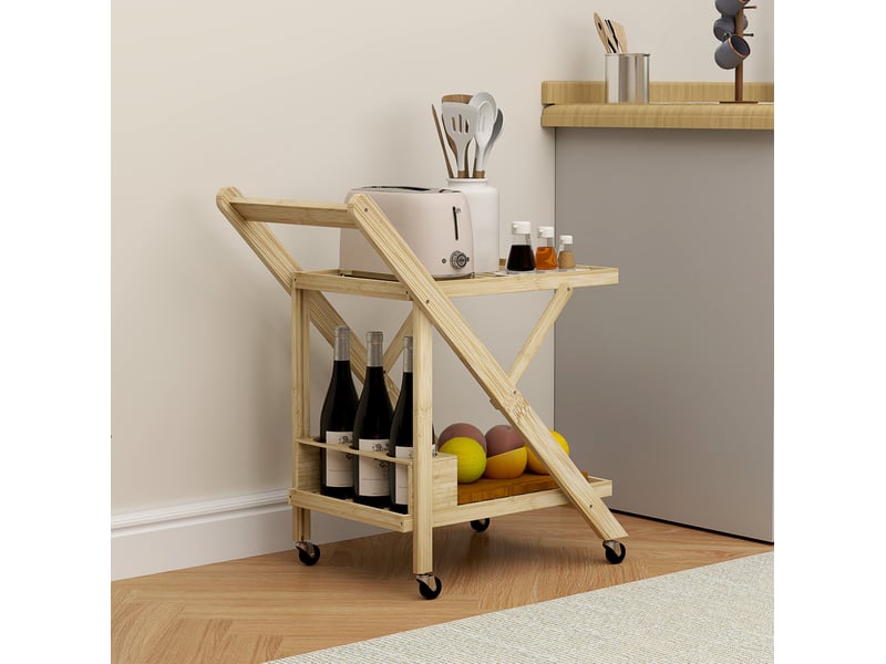  Servierwagen avec régale à vin, plan de travail, 2 niveaux, chariot de service pour bureau, cuisine, salon, 66 x 40 x 70 cm, bambou, naturel  - Conforama E