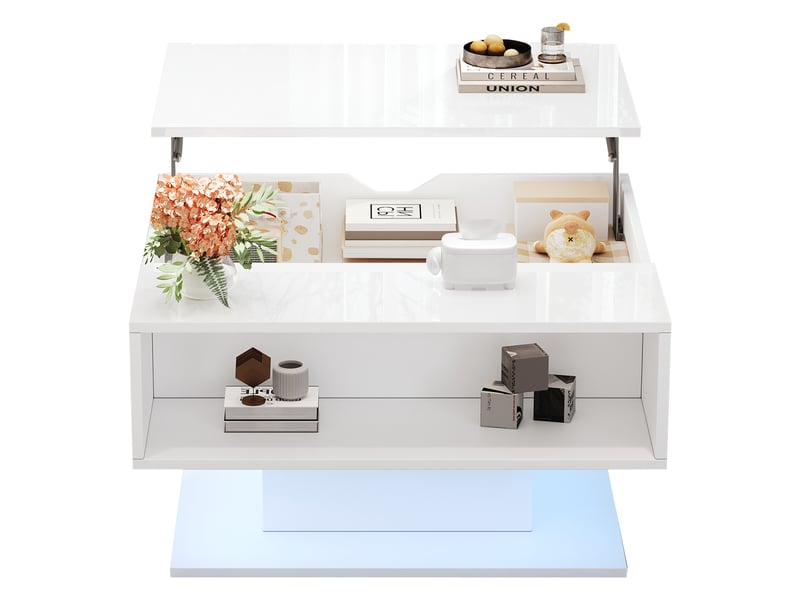  Table basse relevable 80x75x40cm, table de salon blanche avec rangement caché et led, finition brillante  - Conforama A