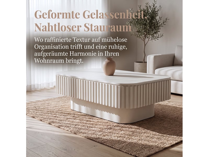 Table basse rectangulaire 98 cm beige en mdf plaqué bois, rangement caché à couvercle amovible pour le salon - Conforama D