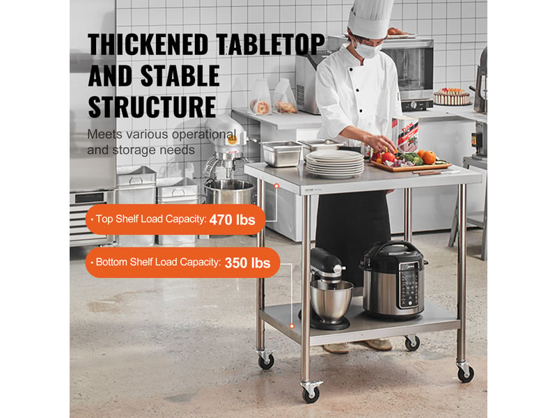 Vevor table de travail en acier inoxydable 76,2 x 91,4 x 95,5 cm, table de preparation des aliments avec 4 roulettes, 3 niveaux de hauteur reglables, meuble de rangement, pour restaurant maison bar  - Conforama C