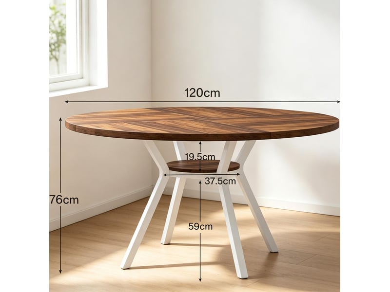  Table de salle à manger ronde pour 4 à 6 personnes avec tablette et piètement croisé en bois et métal, marron et blanc  - Conforama C