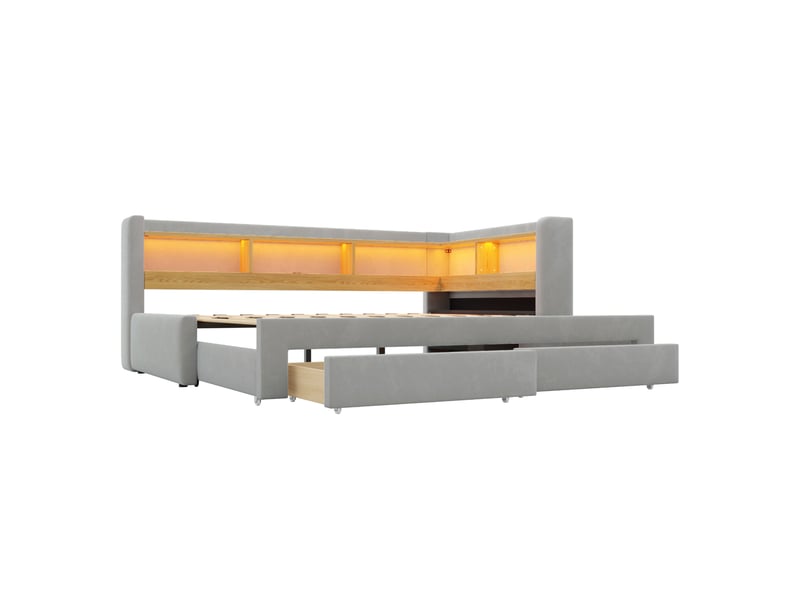  Lit gigogne 90x200 cm extensible avec led et prise en mdf et métal couleur gris sans matelas, design moderne  - Conforama E