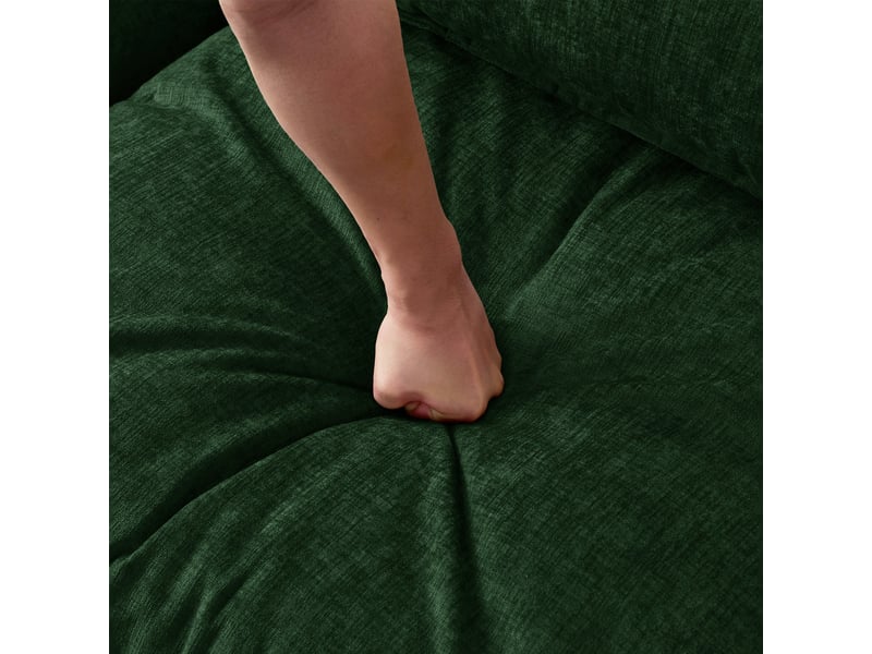 Canapé d'angle 3 places avec méridienne et hocker, tissu chenille vert, structure bois massif eucalyptus, design moderne - Conforama R