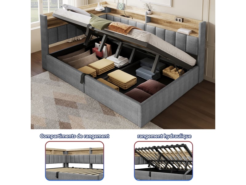  Lit coffre hydraulique 140x200 cm avec led, usb-a et usb-c et tête réversible, velours gris, sans matelas  - Conforama R