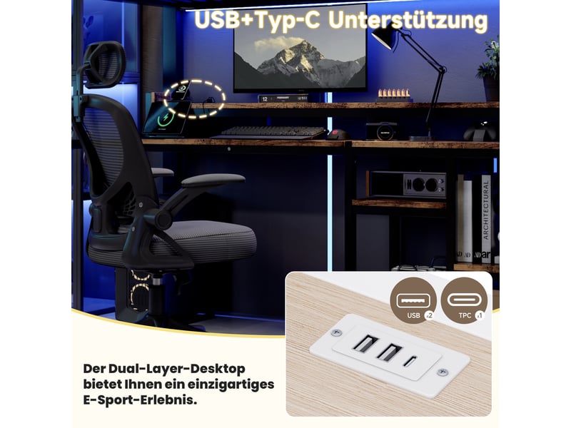  Lit mezzanine 90×200 cm avec étagères, led, usb et type-c, métal et mdf noir sans matelas  - Conforama C
