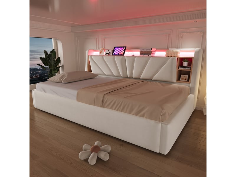  Lit rembourré, 90 x 200 cm, avec coffre de rangement hydraulique, dossier avec étagère et compartiment de rangement, velours, beige  - Conforama D