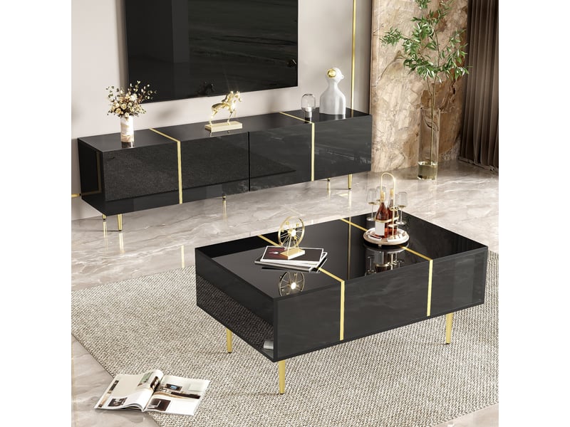 Meuble tv noir brillant avec coffres et table basse assortie - Conforama B
