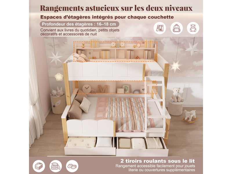  Lit superposé enfant 90x200+140x200 cm - échelle inclinée - avec 2 tiroirs - compartiment de rangement - blanc et naturel (sans matelas)  - Conforama R