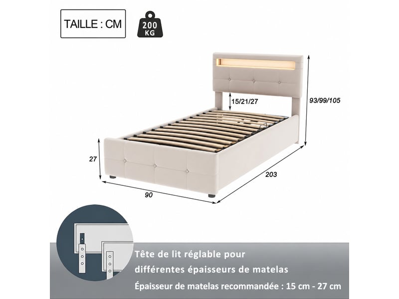  Lit coffre 90x200 cm - lit hydraulique avec grand espace de rangement, tête réglable, en velours beige, sans matelas  - Conforama C