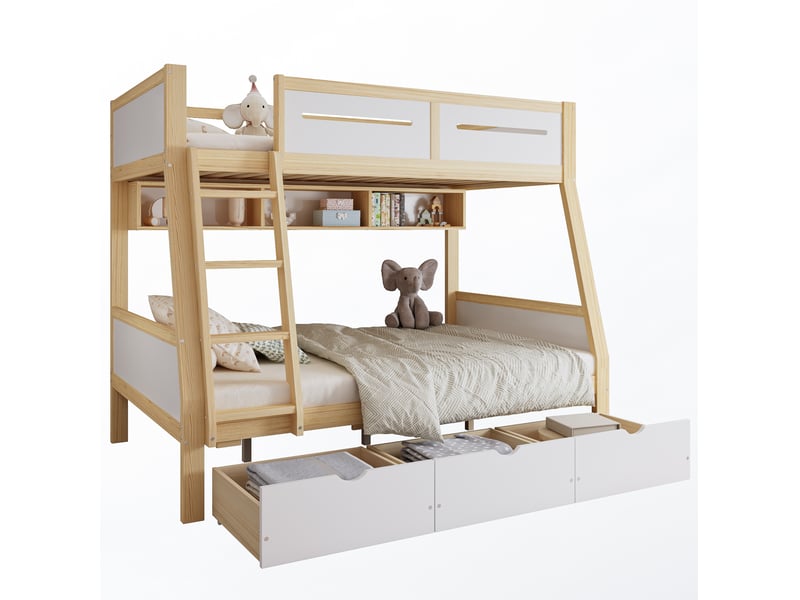  Lit superposé 90x200+120x200 cm, lit enfant avec rangement, 3 tiroirs, barrière, mdf, blanc et naturel sans matelas  - Conforama A