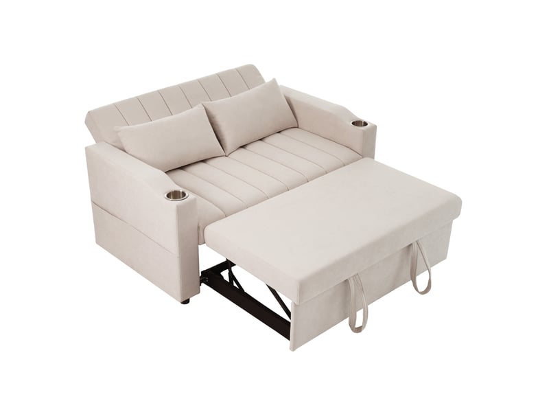  Canapé-lit 2 places 136x162 cm – beige – dossier réglable 3 positions, porte-gobelets et poches latérales  - Conforama D