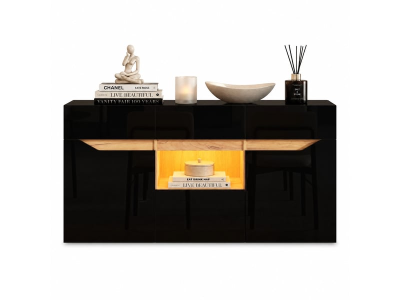  Buffet bas 140 cm avec 4 tiroirs et led noir et bois cravdom  - Conforama A