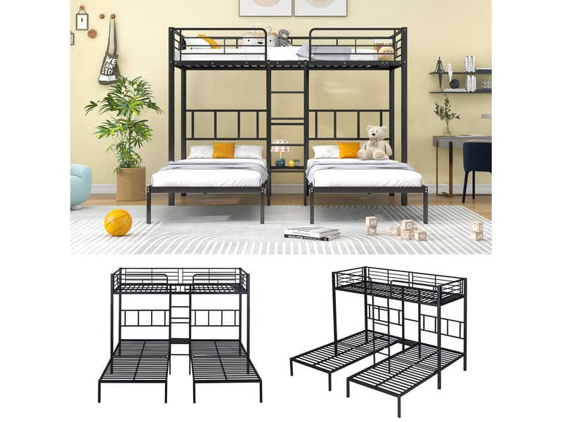 Lit superposé triple 200×90 cm pour 3 personnes, avec échelle, garde-corps et tablette, en métal noir - Conforama C