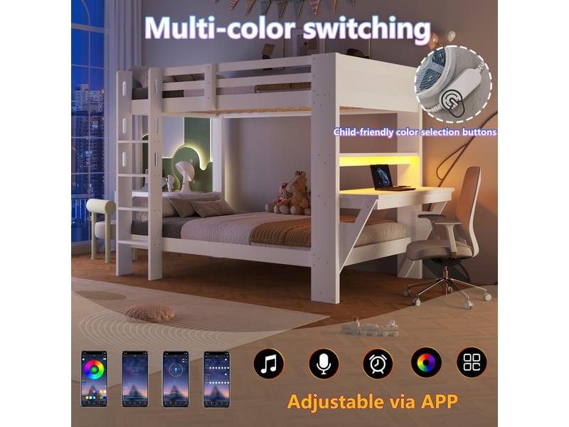  Lit superposé, 90 × 200 cm, blanc, pin et mdf, bureau, led, prise, sans matelas, led pilotable par appli, poids 61,5 kg  - Conforama C