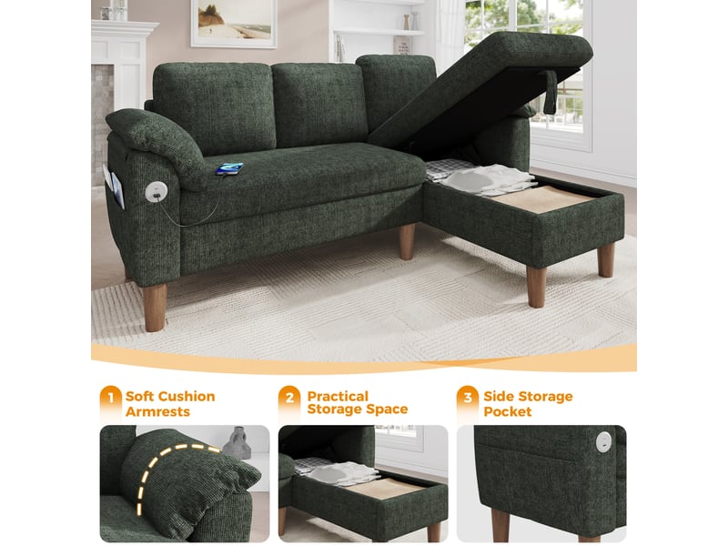  Canapé d'angle réversible 3 places 181 x 125 cm vert chenille, rangement, usb type-c et poches latérales  - Conforama E