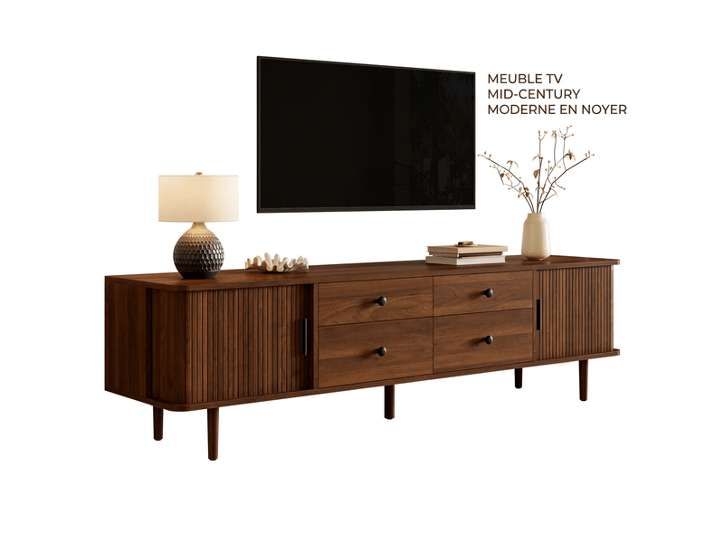 Meuble tv 165 cm mdf avec 4 tiroirs et 2 portes coulissantes, coins arrondis, couleur bois - Conforama A