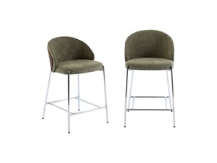 Lot de 2 tabourets de bar bois de peuplier teinté noyer. Acier chromé et tissu texturé kaki - paul