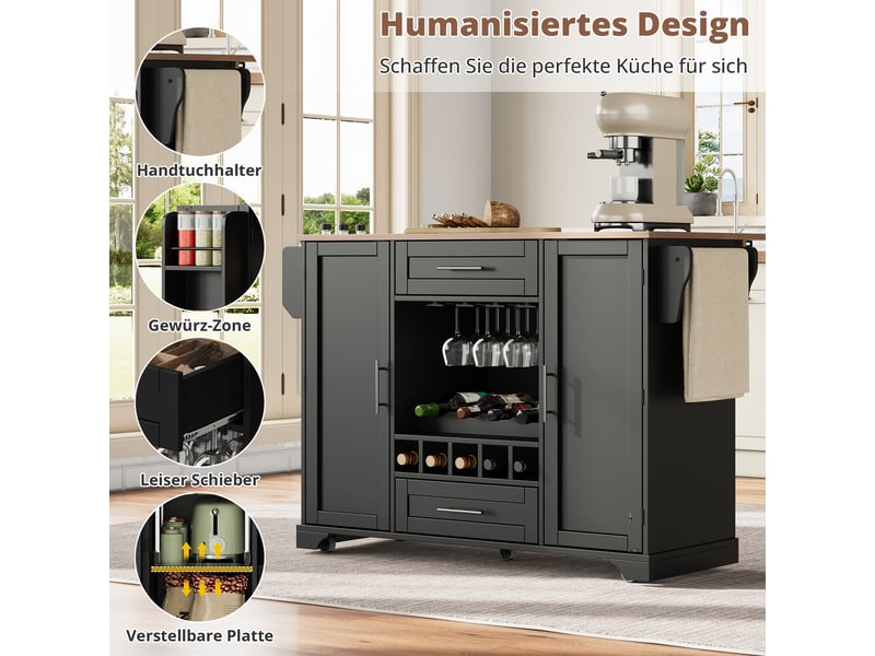  Îlot de cuisine noir et naturel 120 × 4570 × 92 cm en mdf, plateau rabattable, casier à vin, porte-verres et range-épices  - Conforama D