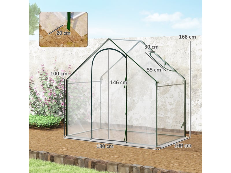  Serre avec fenêtre, porte, structure en acier et bâche imperméable anti-uv, 180 x 100 x 168 cm, transparente  - Conforama E