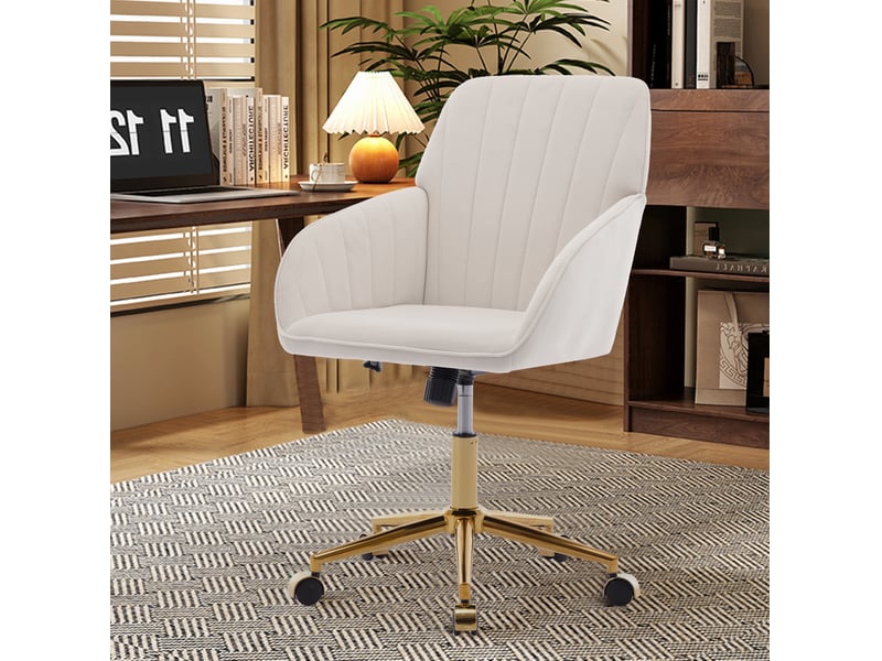  Chaise de bureau pivotante réglable en velours blanc, dossier ergonomique et roulettes pour travailler longtemps  - Conforama E